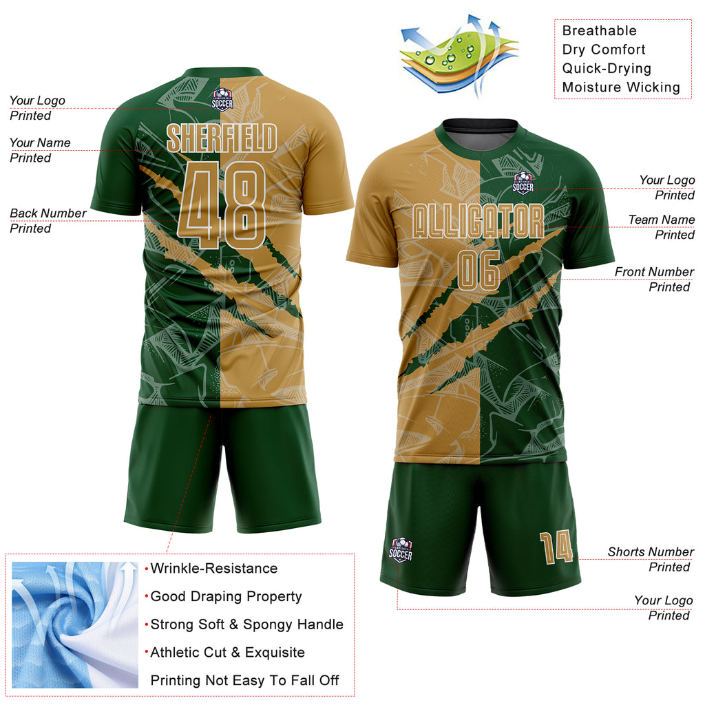 Custom Graffiti Pattern Old Gold-Green Scratch Sublimation Soccer Uniform Jersey