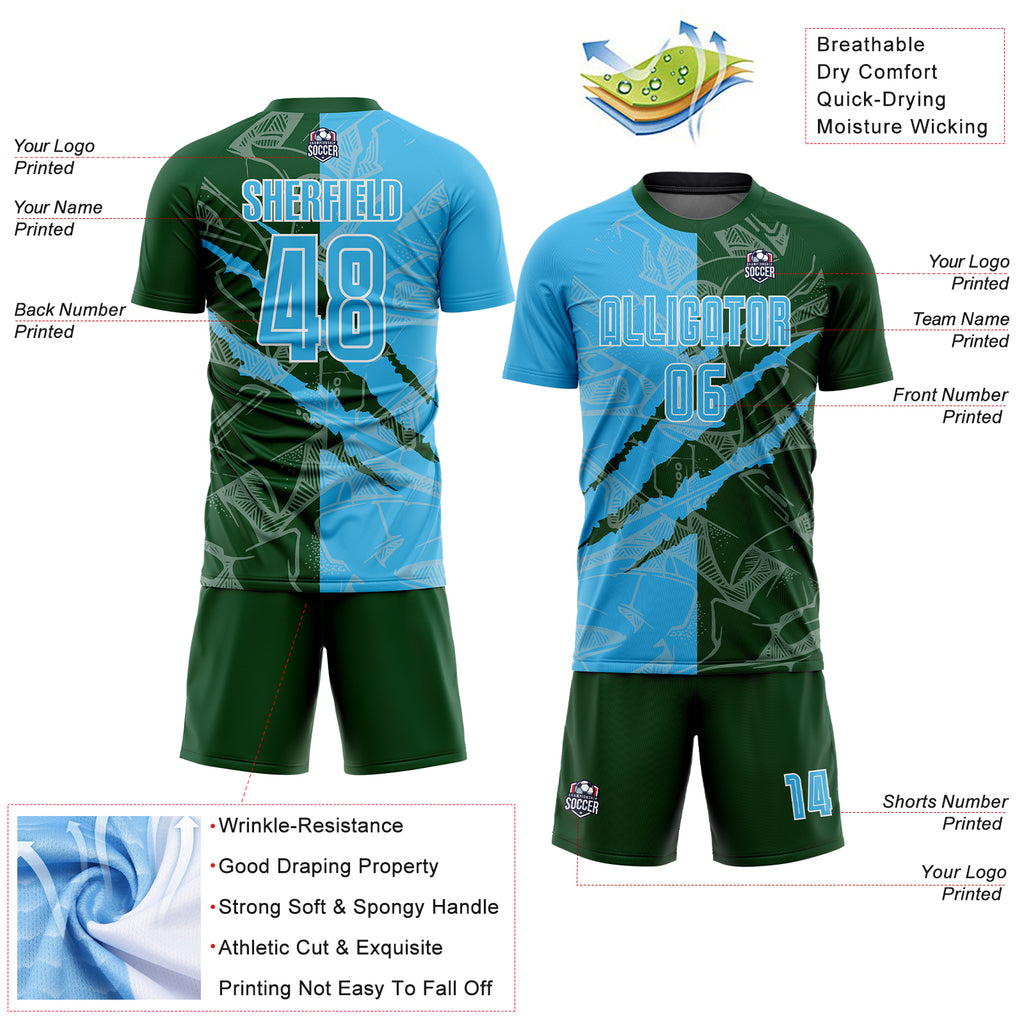 Custom Graffiti Pattern Sky Blue-Green Scratch Sublimation Soccer Uniform Jersey