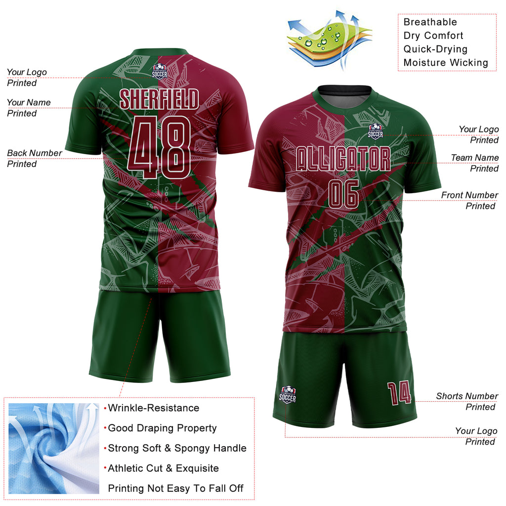 Custom Graffiti Pattern Maroon-Green Scratch Sublimation Soccer Uniform Jersey