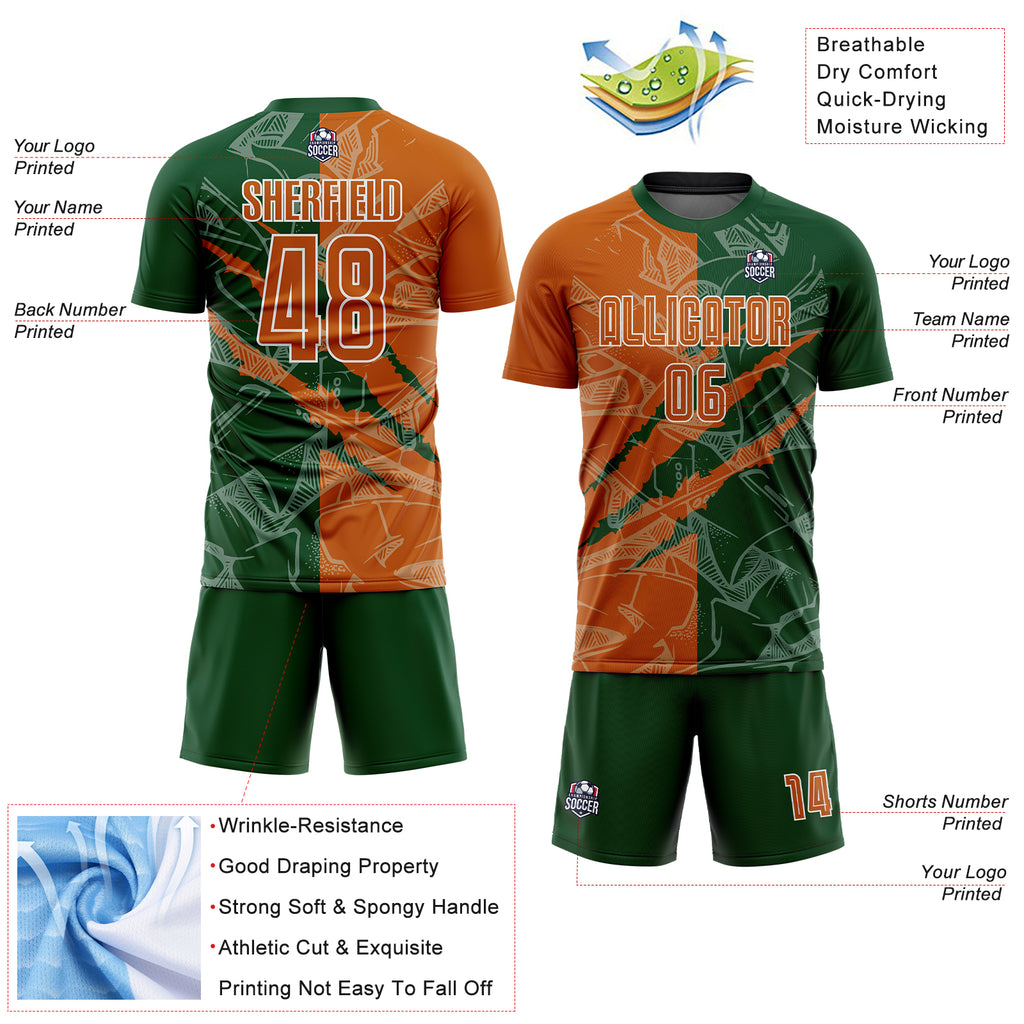 Custom Graffiti Pattern Texas Orange-Green Scratch Sublimation Soccer Uniform Jersey