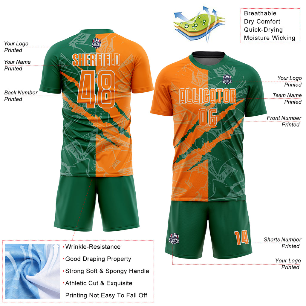 Custom Graffiti Pattern Bay Orange-Kelly Green Scratch Sublimation Soccer Uniform Jersey