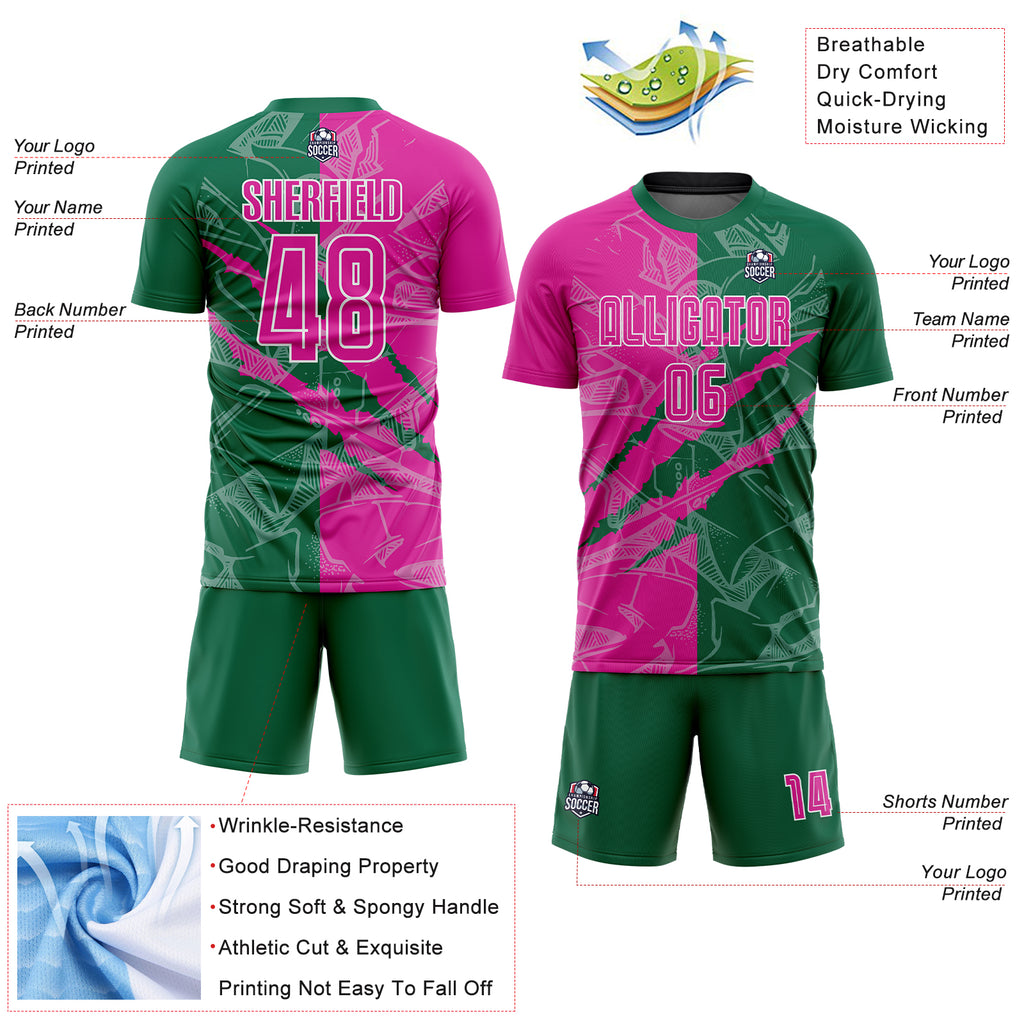 Custom Graffiti Pattern Deep Pink-Kelly Green Scratch Sublimation Soccer Uniform Jersey