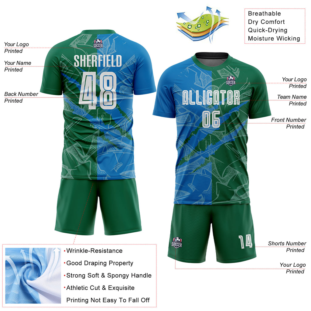 Custom Graffiti Pattern Blue-Kelly Green Scratch Sublimation Soccer Uniform Jersey