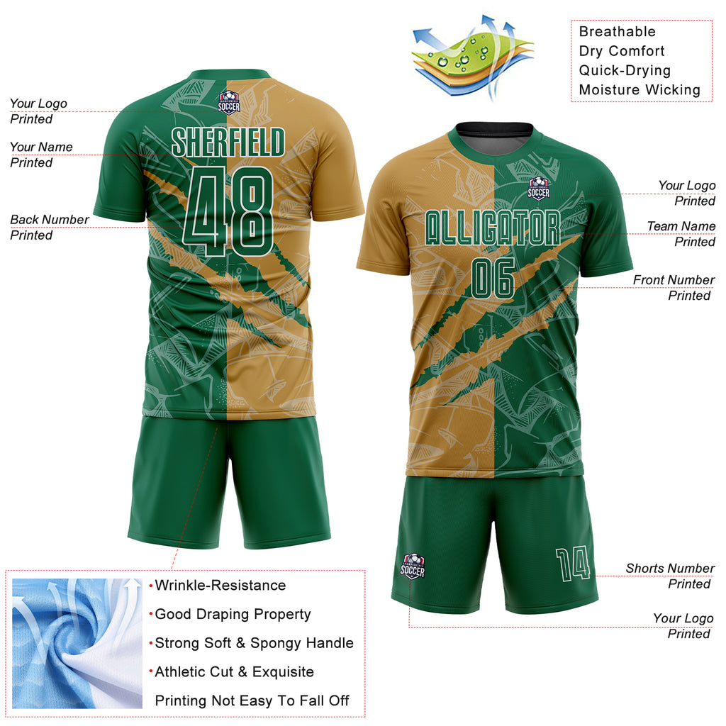 Custom Graffiti Pattern Kelly Green-Old Gold Scratch Sublimation Soccer Uniform Jersey