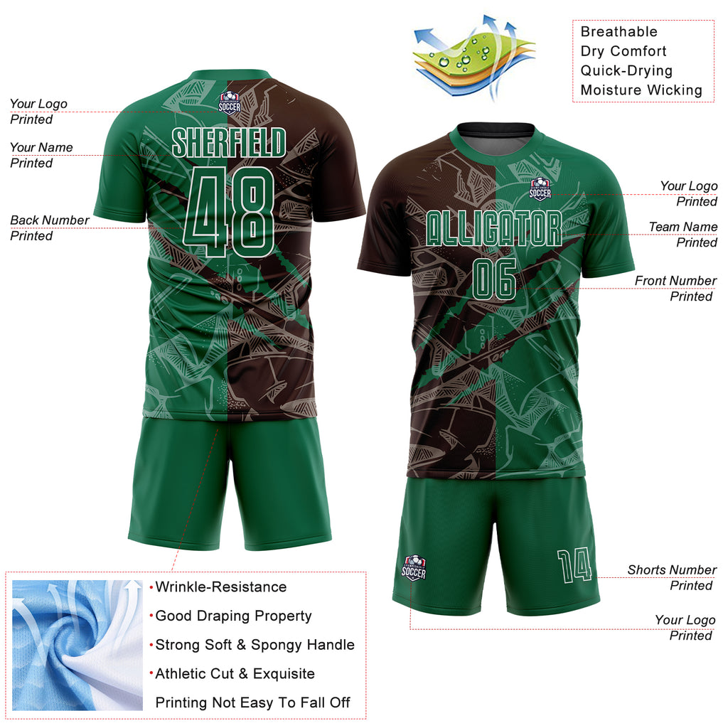 Custom Graffiti Pattern Kelly Green-Brown Scratch Sublimation Soccer Uniform Jersey