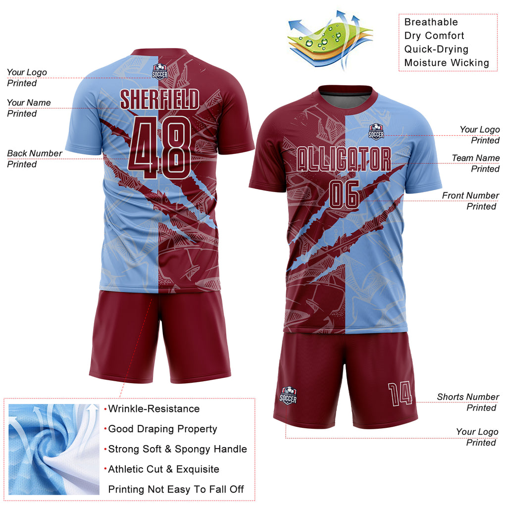 Custom Graffiti Pattern Crimson-Light Blue Scratch Sublimation Soccer Uniform Jersey