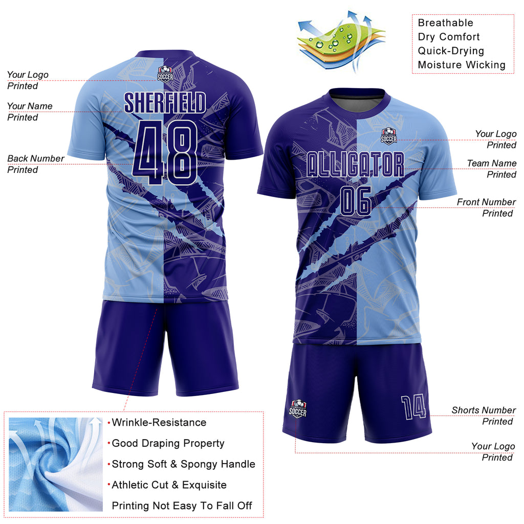 Custom Graffiti Pattern Dark Purple-Light Blue Scratch Sublimation Soccer Uniform Jersey