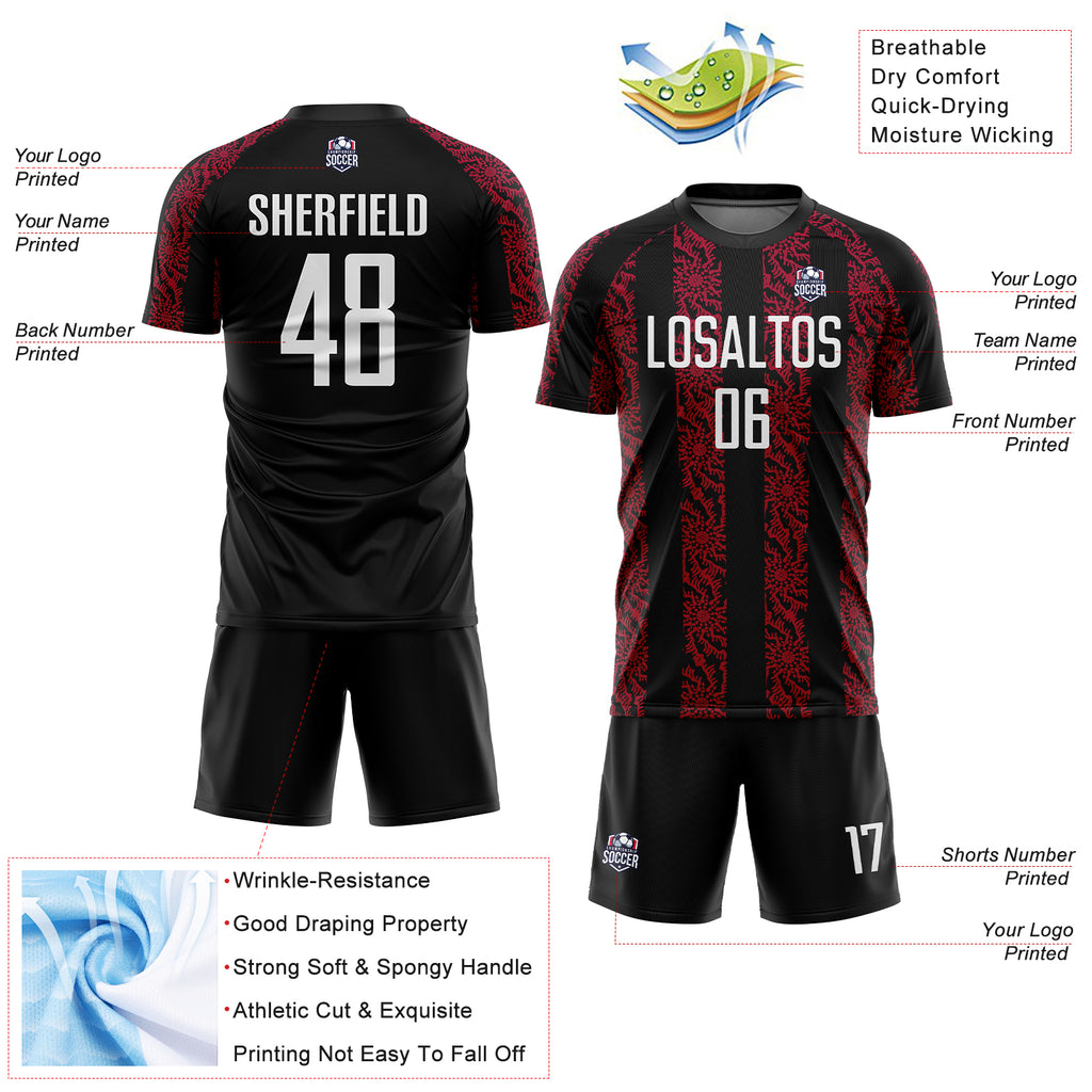 Custom Black White-Red Abstract Shape Sublimation Soccer Uniform Jersey