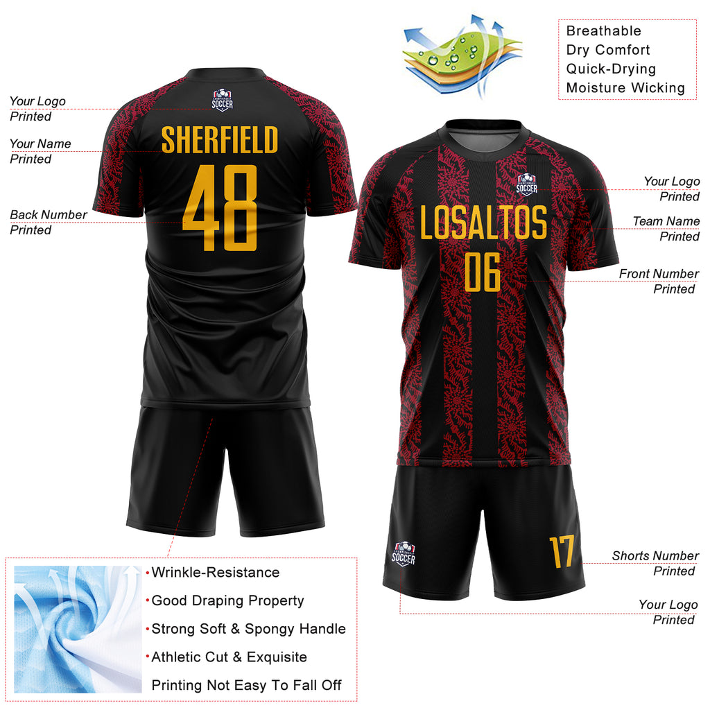 Custom Black Gold-Red Abstract Shape Sublimation Soccer Uniform Jersey