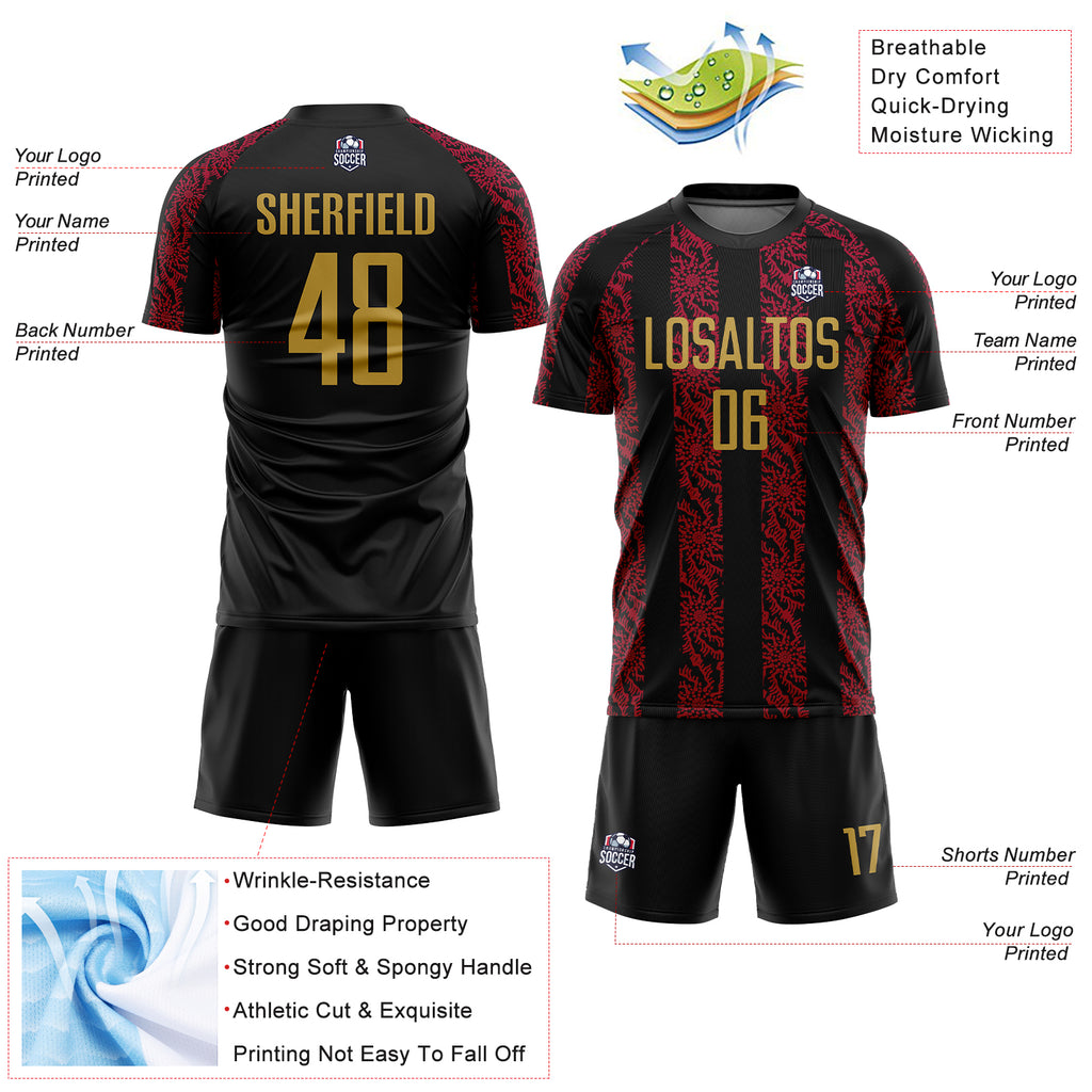 Custom Black Old Gold-Red Abstract Shape Sublimation Soccer Uniform Jersey