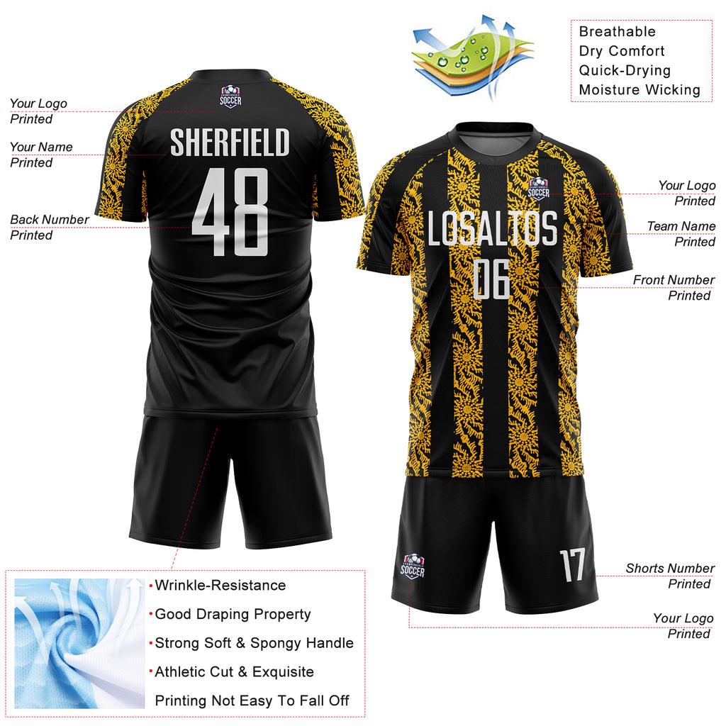 Custom Black White-Gold Abstract Shape Sublimation Soccer Uniform Jersey