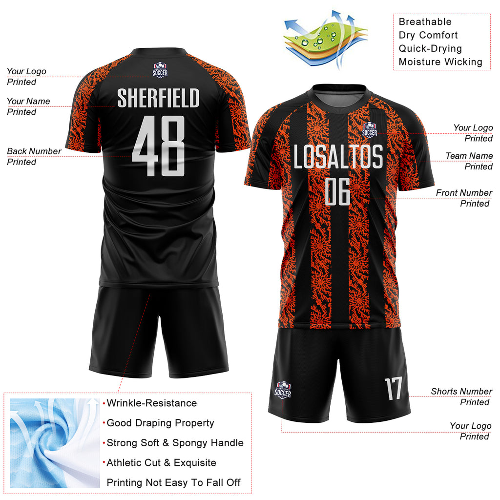 Custom Black White-Orange Abstract Shape Sublimation Soccer Uniform Jersey