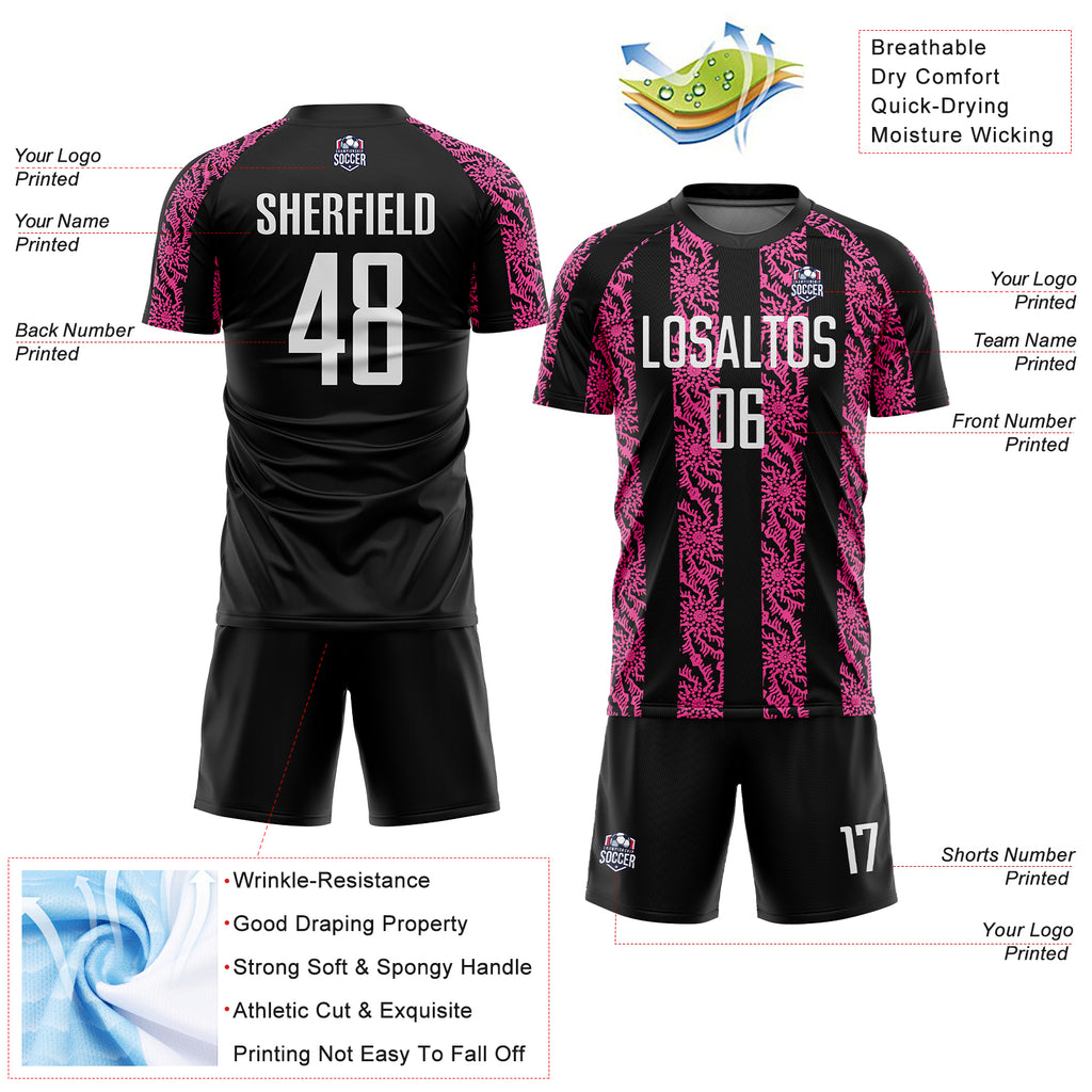 Custom Black White-Pink Abstract Shape Sublimation Soccer Uniform Jersey