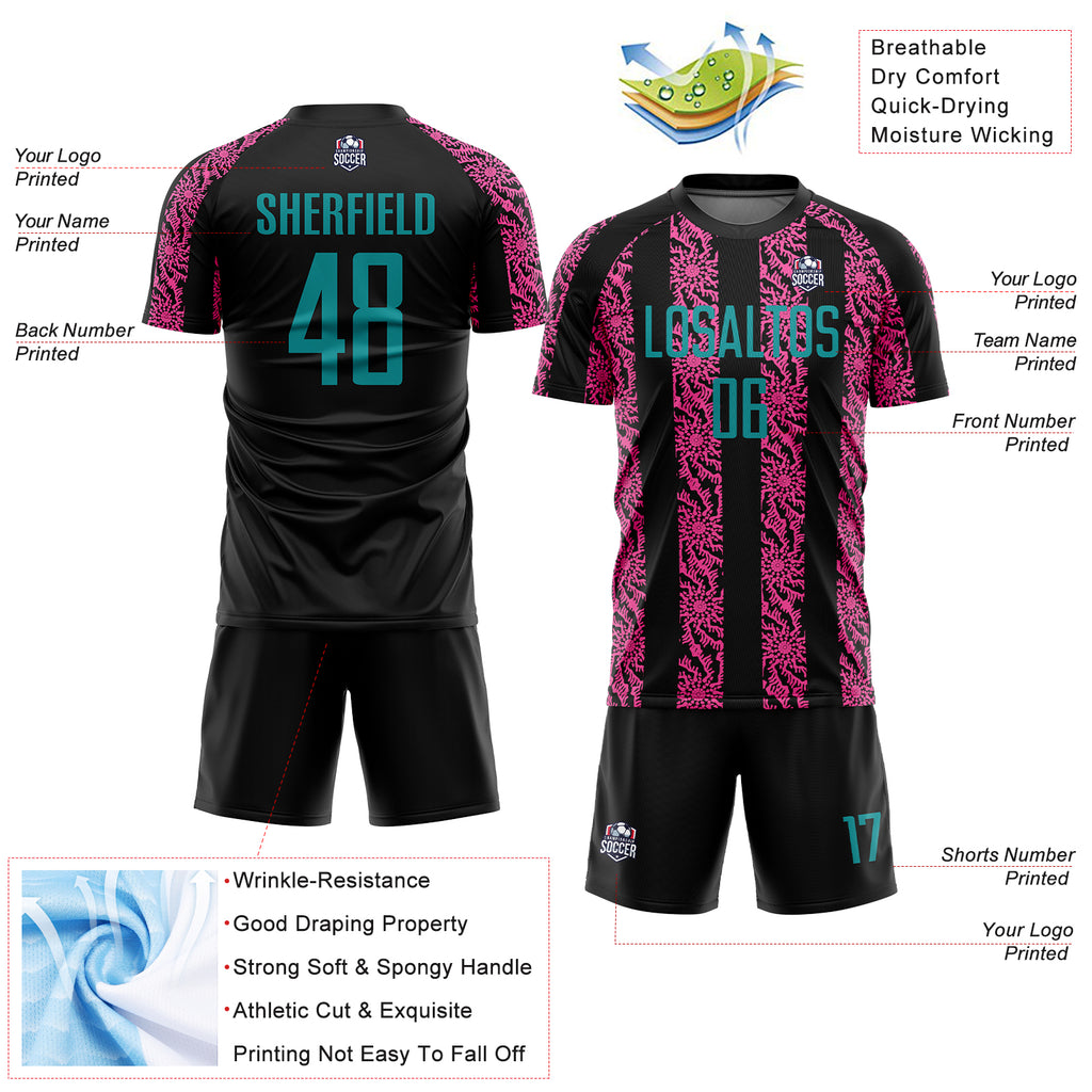 Custom Black Teal-Pink Abstract Shape Sublimation Soccer Uniform Jersey