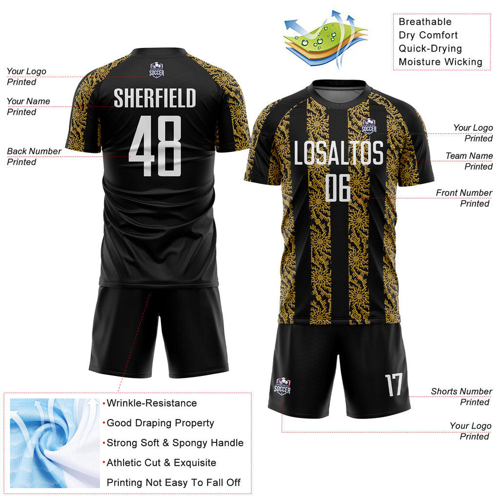 Custom Black White-Old Gold Abstract Shape Sublimation Soccer Uniform Jersey