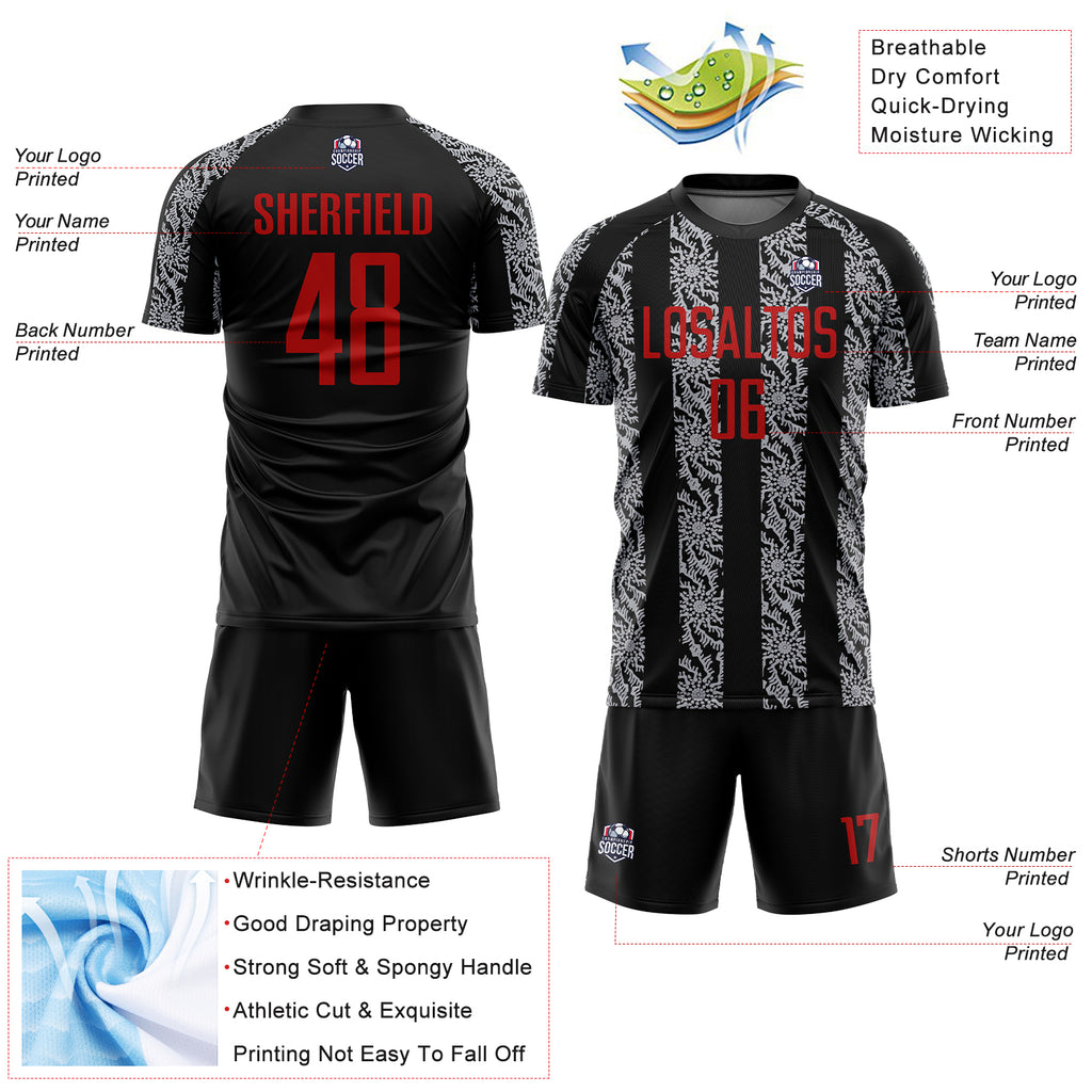 Custom Black Red-Gray Abstract Shape Sublimation Soccer Uniform Jersey