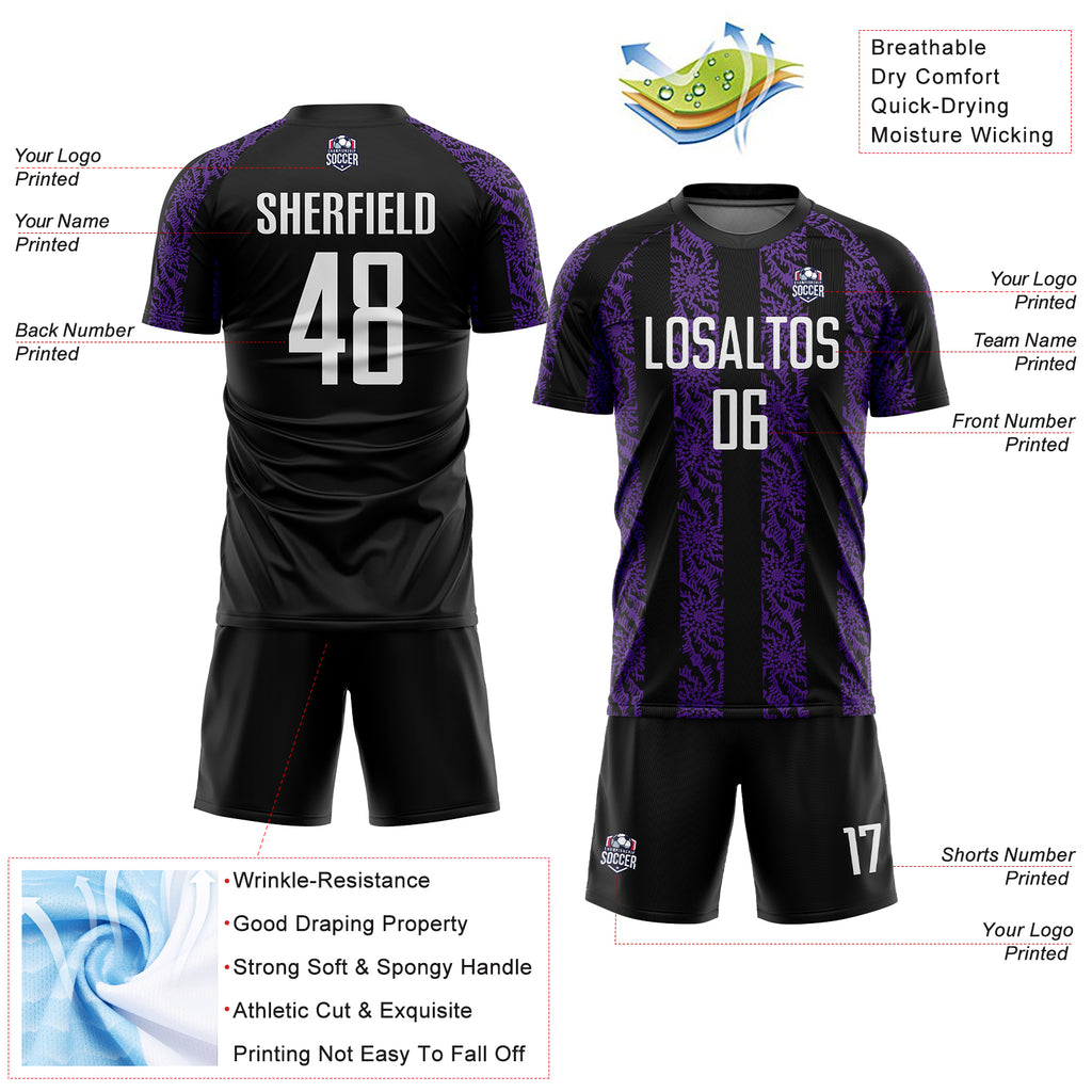 Custom Black White-Purple Abstract Shape Sublimation Soccer Uniform Jersey