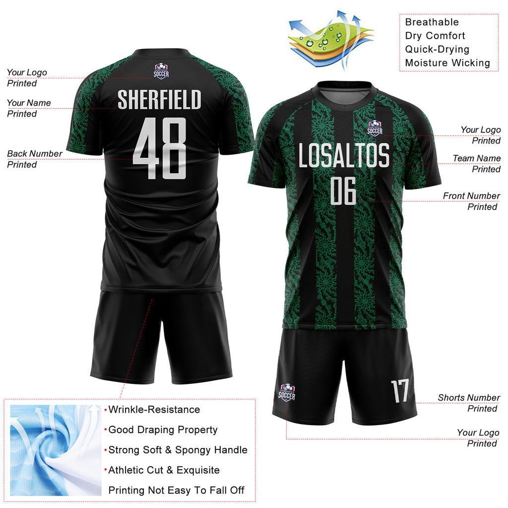 Custom Black White-Kelly Green Abstract Shape Sublimation Soccer Uniform Jersey