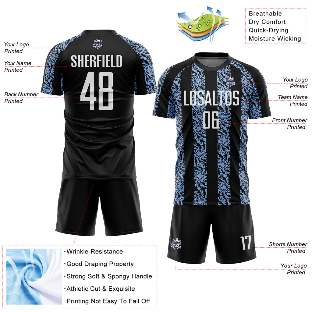 Custom Black White-Light Blue Abstract Shape Sublimation Soccer Uniform Jersey