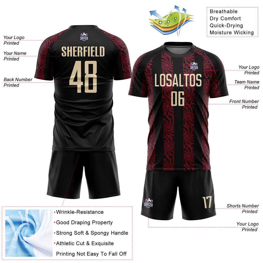 Custom Black Cream-Crimson Abstract Shape Sublimation Soccer Uniform Jersey