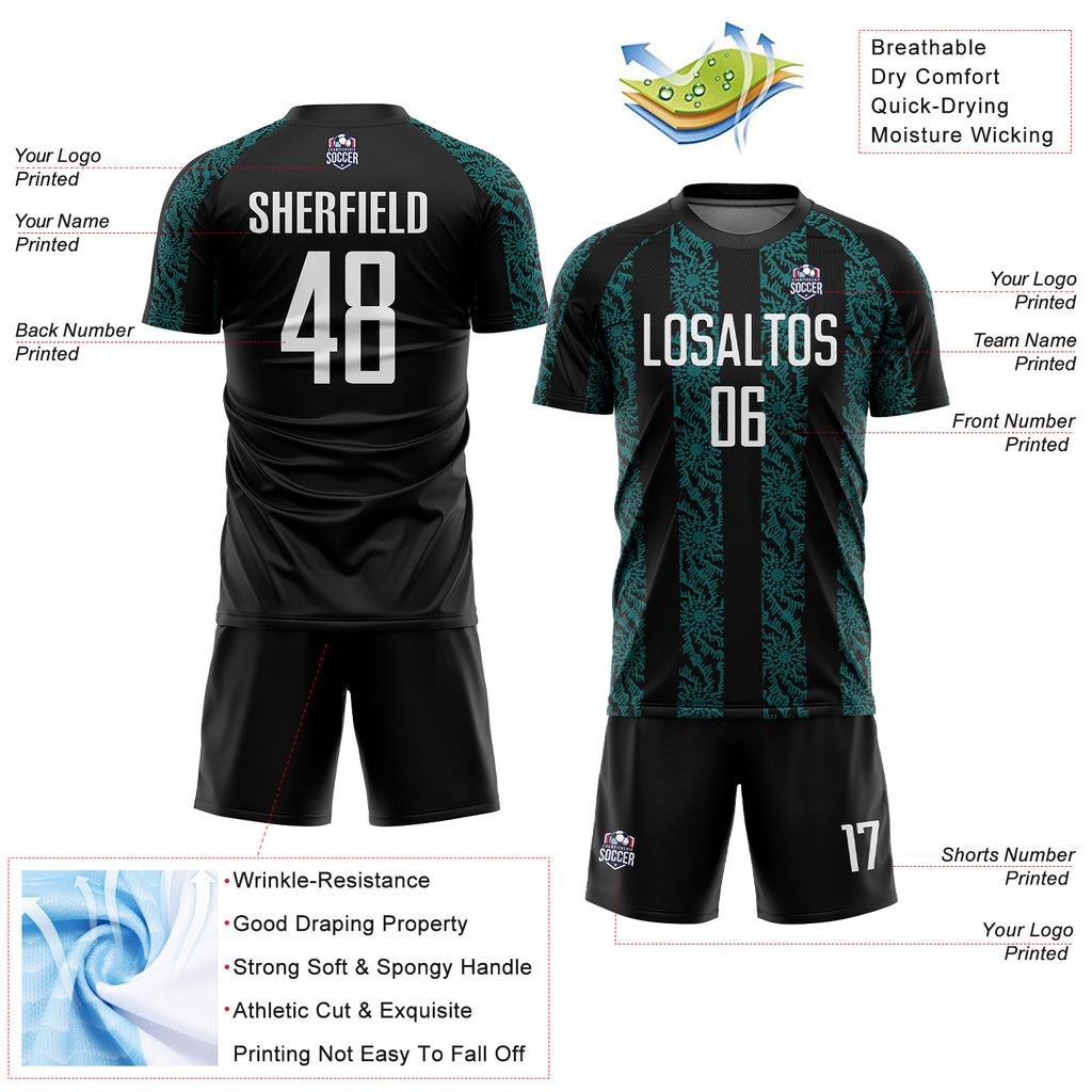 Custom Black White-Teal Abstract Shape Sublimation Soccer Uniform Jersey