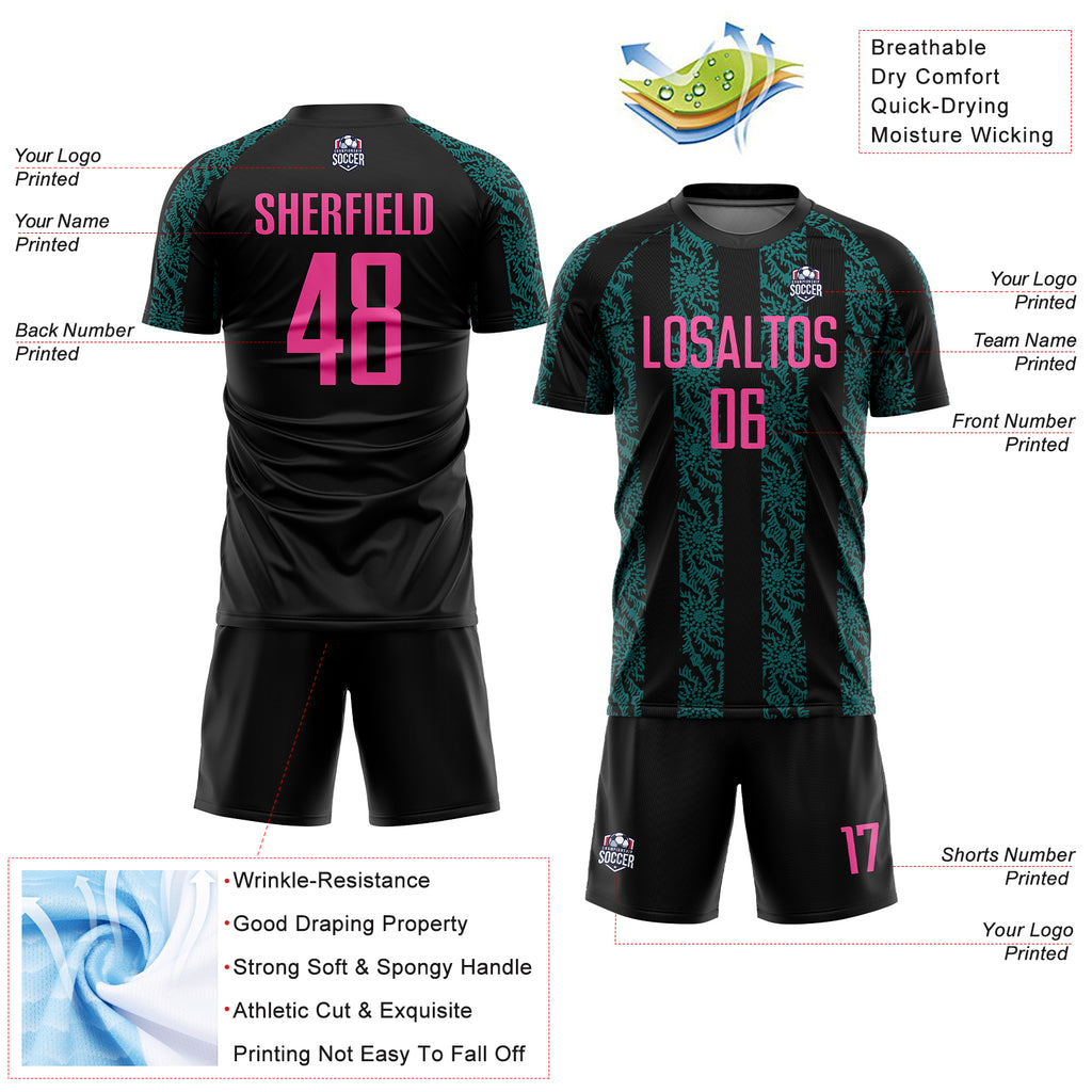 Custom Black Pink-Teal Abstract Shape Sublimation Soccer Uniform Jersey