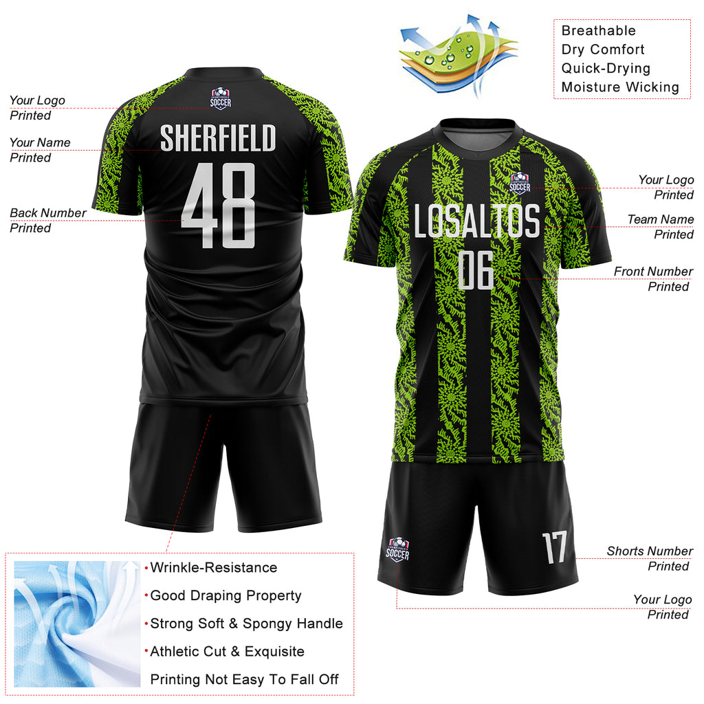 Custom Black White-Neon Green Abstract Shape Sublimation Soccer Uniform Jersey