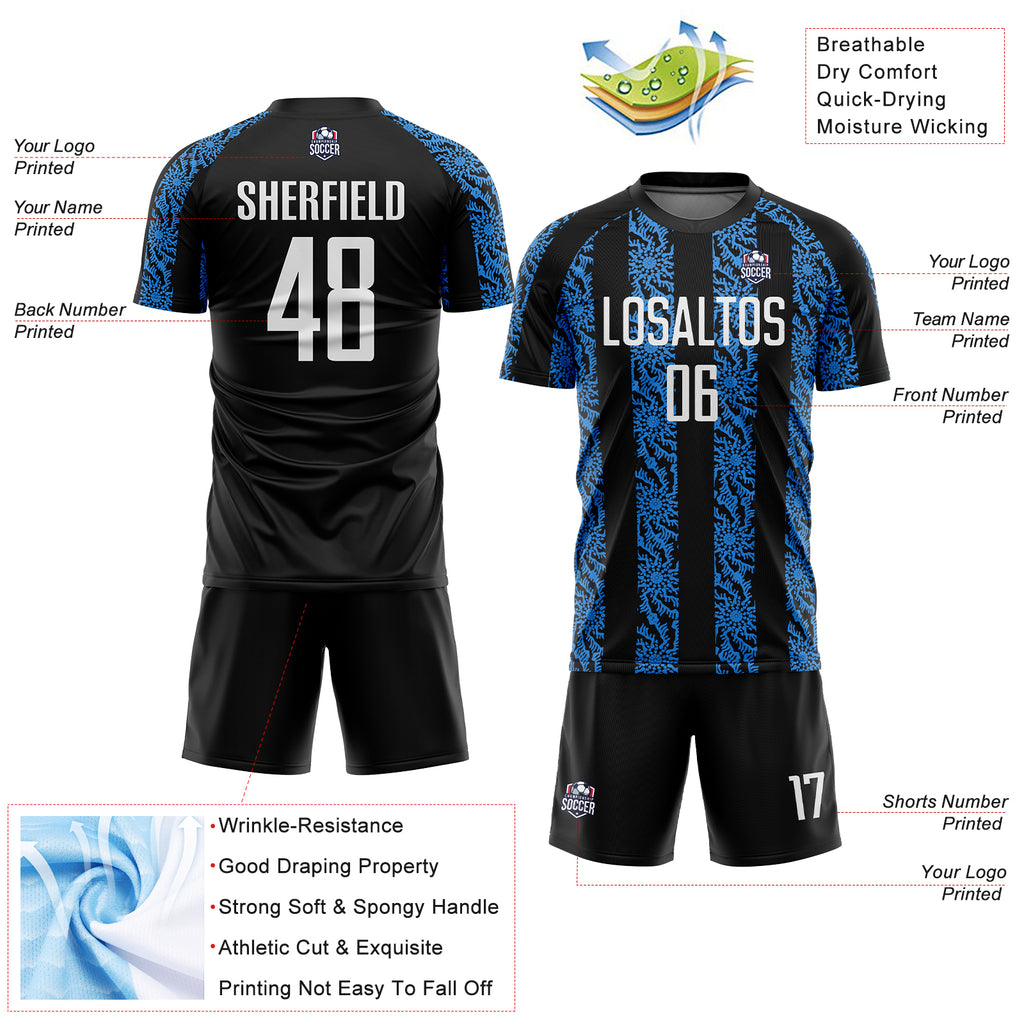 Custom Black White-Powder Blue Abstract Shape Sublimation Soccer Uniform Jersey