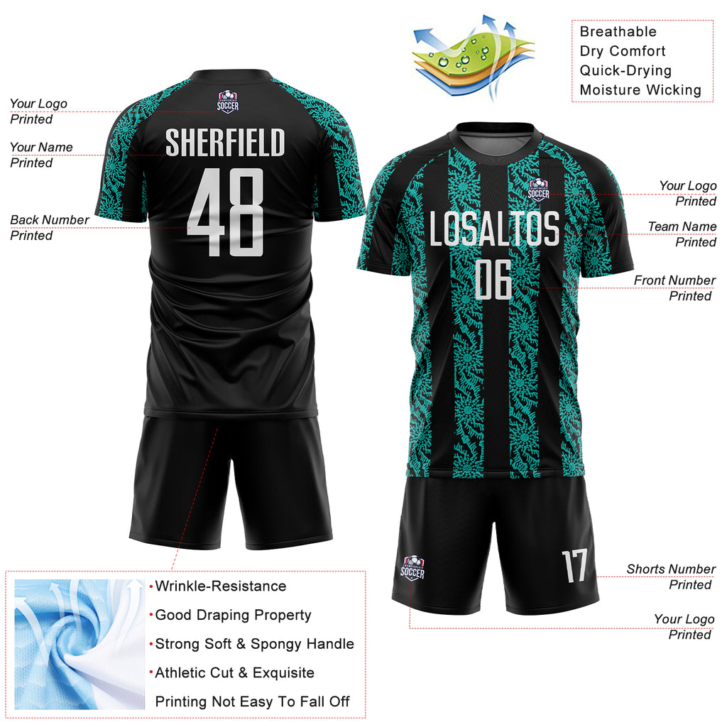 Custom Black White-Aqua Abstract Shape Sublimation Soccer Uniform Jersey