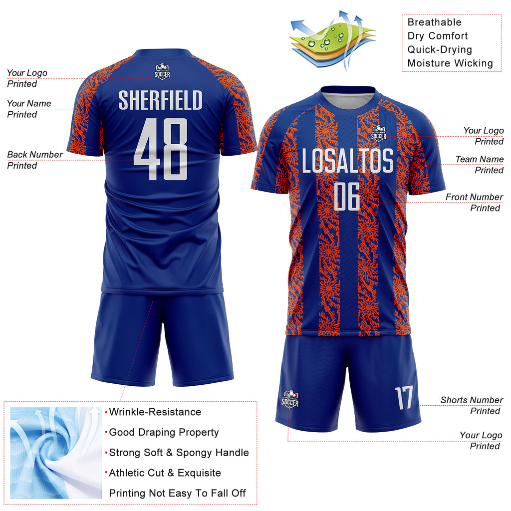 Custom Royal White-Orange Abstract Shape Sublimation Soccer Uniform Jersey