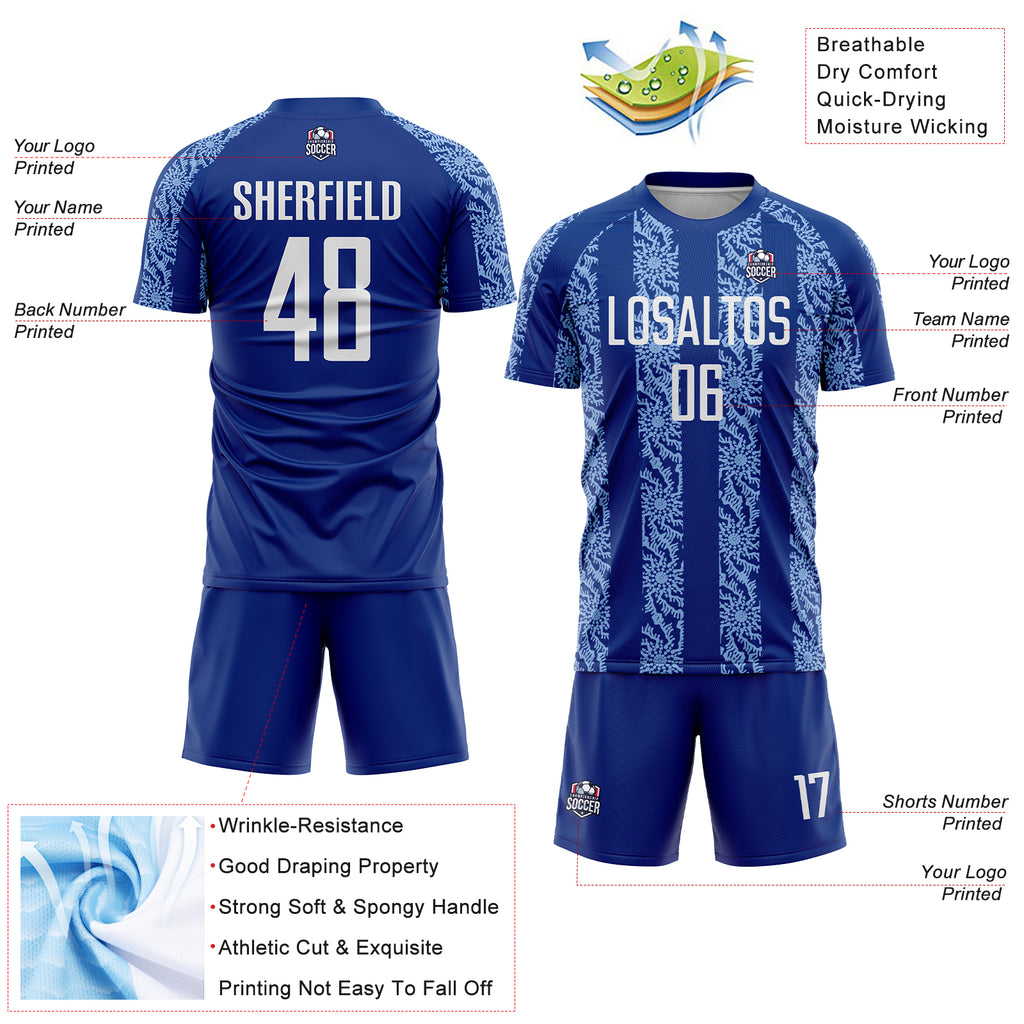 Custom Royal White-Light Blue Abstract Shape Sublimation Soccer Uniform Jersey