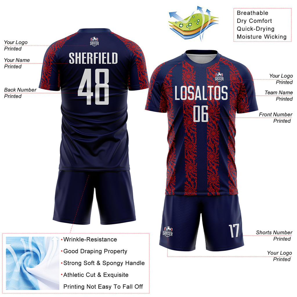 Custom Navy White-Red Abstract Shape Sublimation Soccer Uniform Jersey