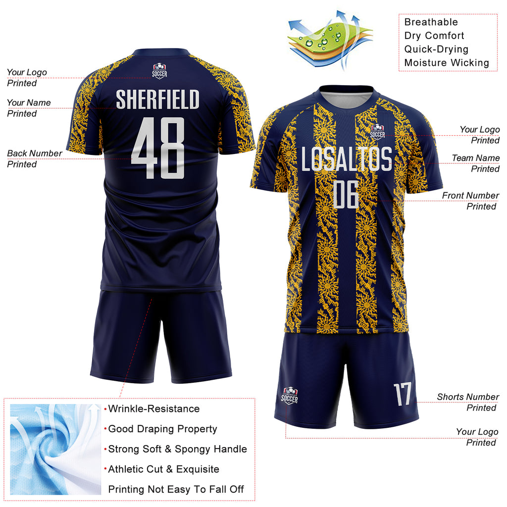 Custom Navy White-Gold Abstract Shape Sublimation Soccer Uniform Jersey