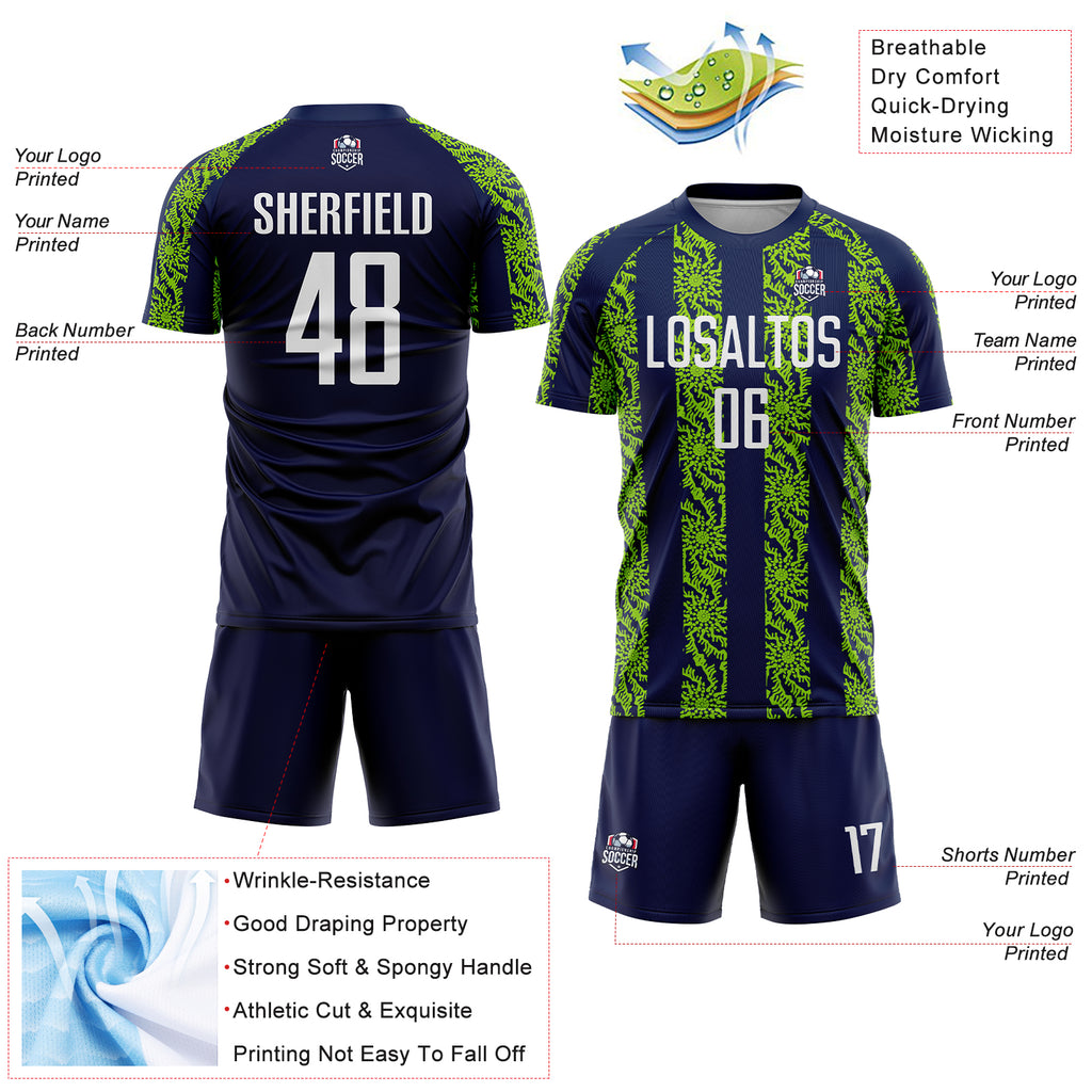 Custom Navy White-Neon Green Abstract Shape Sublimation Soccer Uniform Jersey