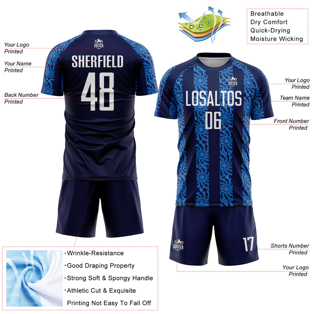 Custom Navy White-Powder Blue Abstract Shape Sublimation Soccer Uniform Jersey