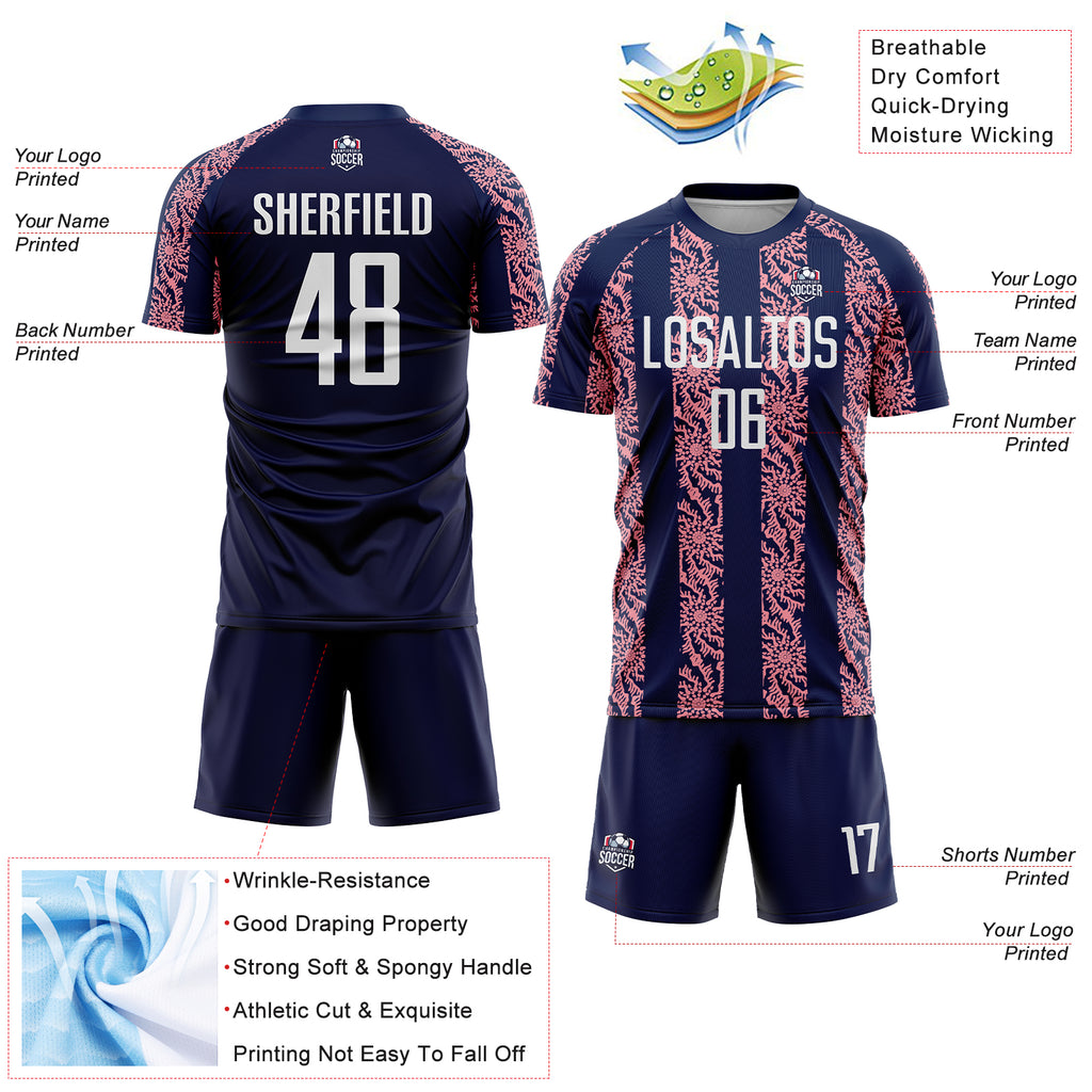 Custom Navy White-Medium Pink Abstract Shape Sublimation Soccer Uniform Jersey