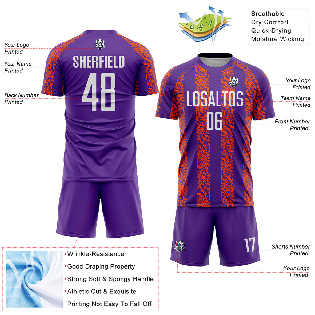 Custom Purple White-Orange Abstract Shape Sublimation Soccer Uniform Jersey