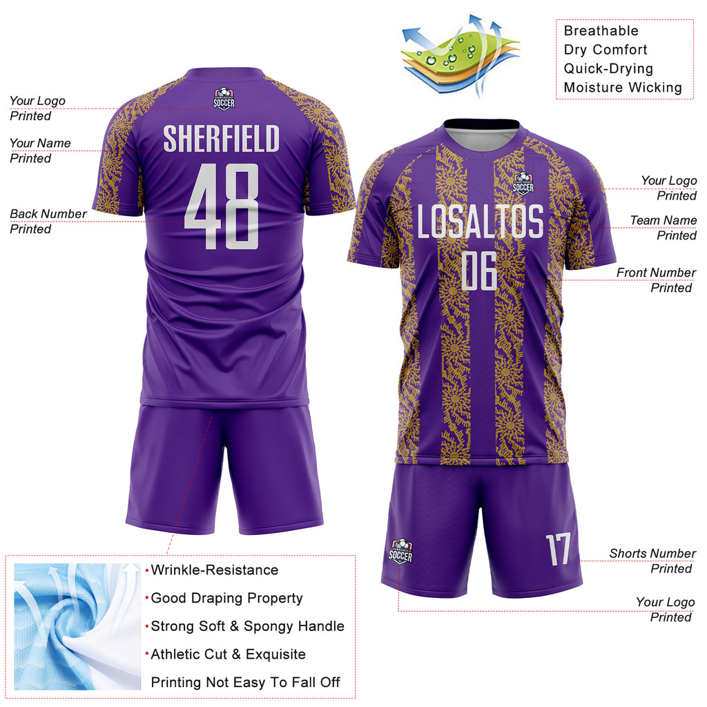 Custom Purple White-Old Gold Abstract Shape Sublimation Soccer Uniform Jersey