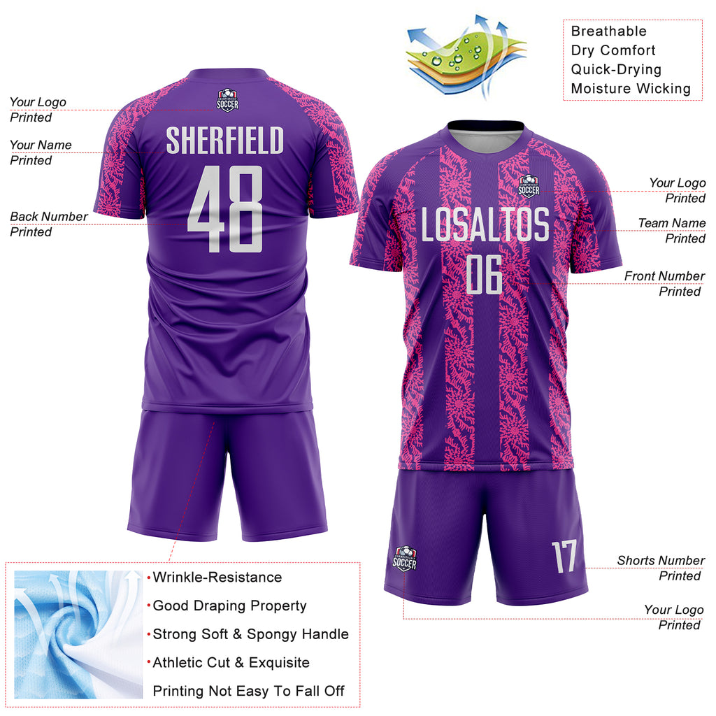 Custom Purple White-Pink Abstract Shape Sublimation Soccer Uniform Jersey