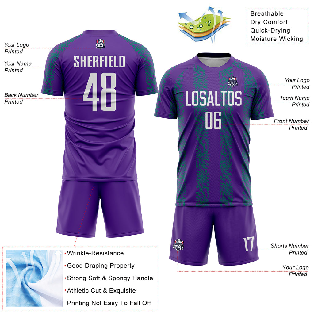 Custom Purple White-Teal Abstract Shape Sublimation Soccer Uniform Jersey