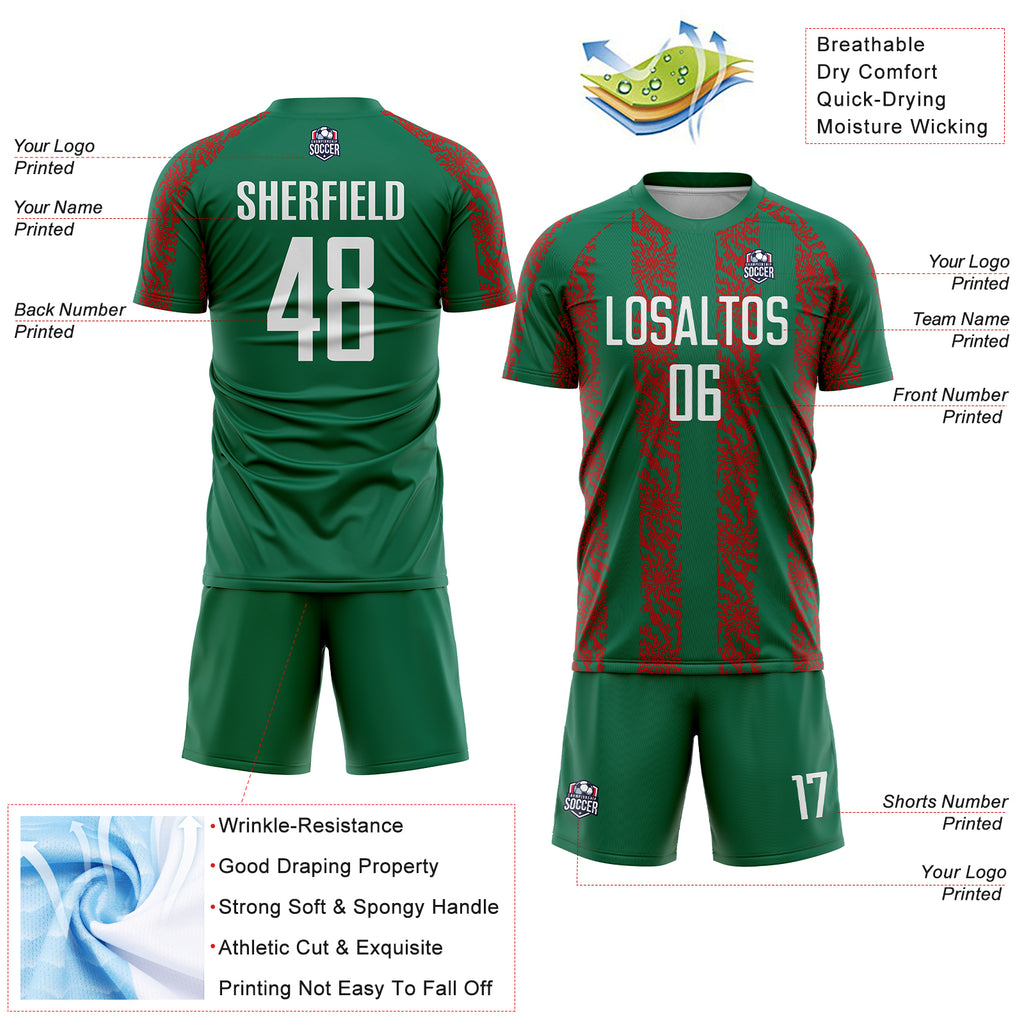 Custom Kelly Green White-Red Abstract Shape Sublimation Soccer Uniform Jersey