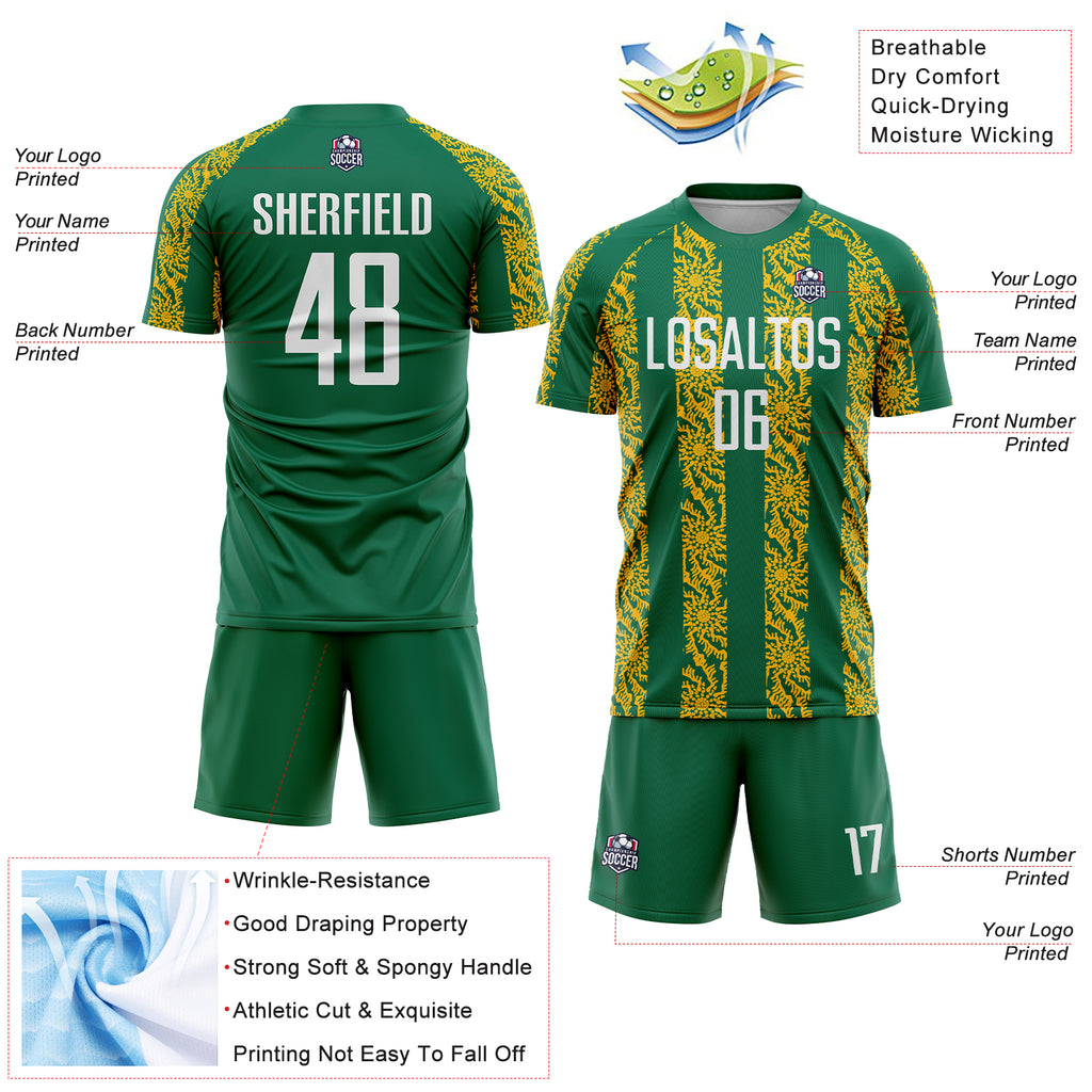 Custom Kelly Green White-Gold Abstract Shape Sublimation Soccer Uniform Jersey