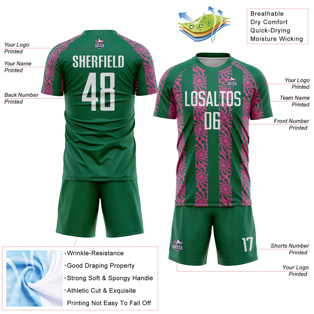 Custom Kelly Green White-Pink Abstract Shape Sublimation Soccer Uniform Jersey