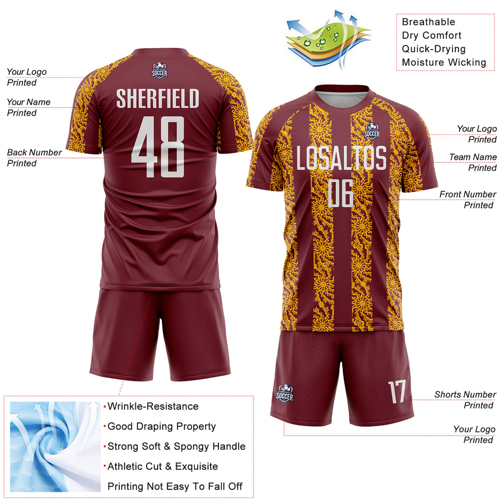 Custom Burgundy White-Gold Abstract Shape Sublimation Soccer Uniform Jersey