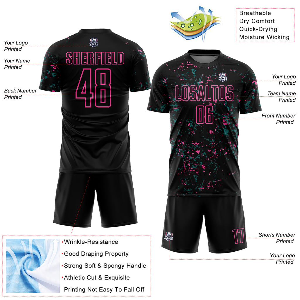 Custom Black Pink-Teal Abstract Fragment Art Sublimation Soccer Uniform Jersey