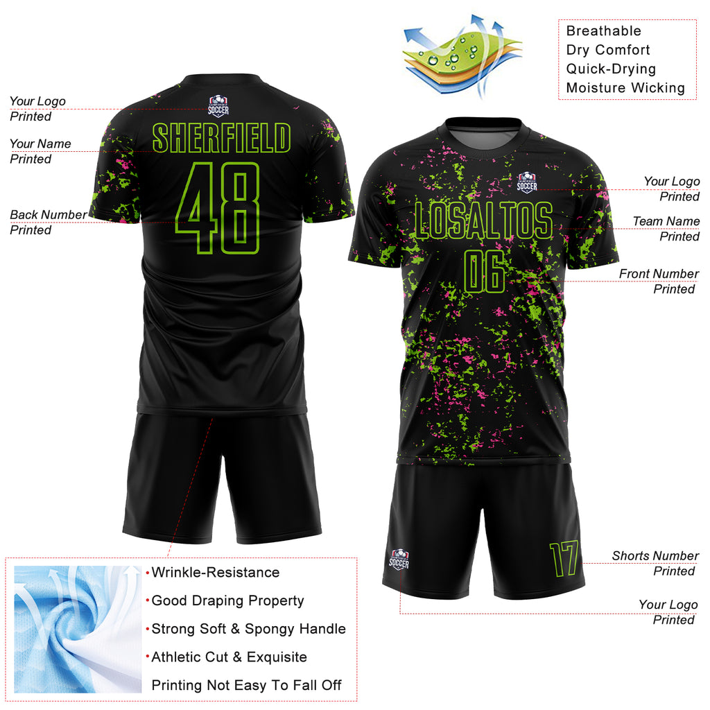 Custom Black Neon Green-Pink Abstract Fragment Art Sublimation Soccer Uniform Jersey