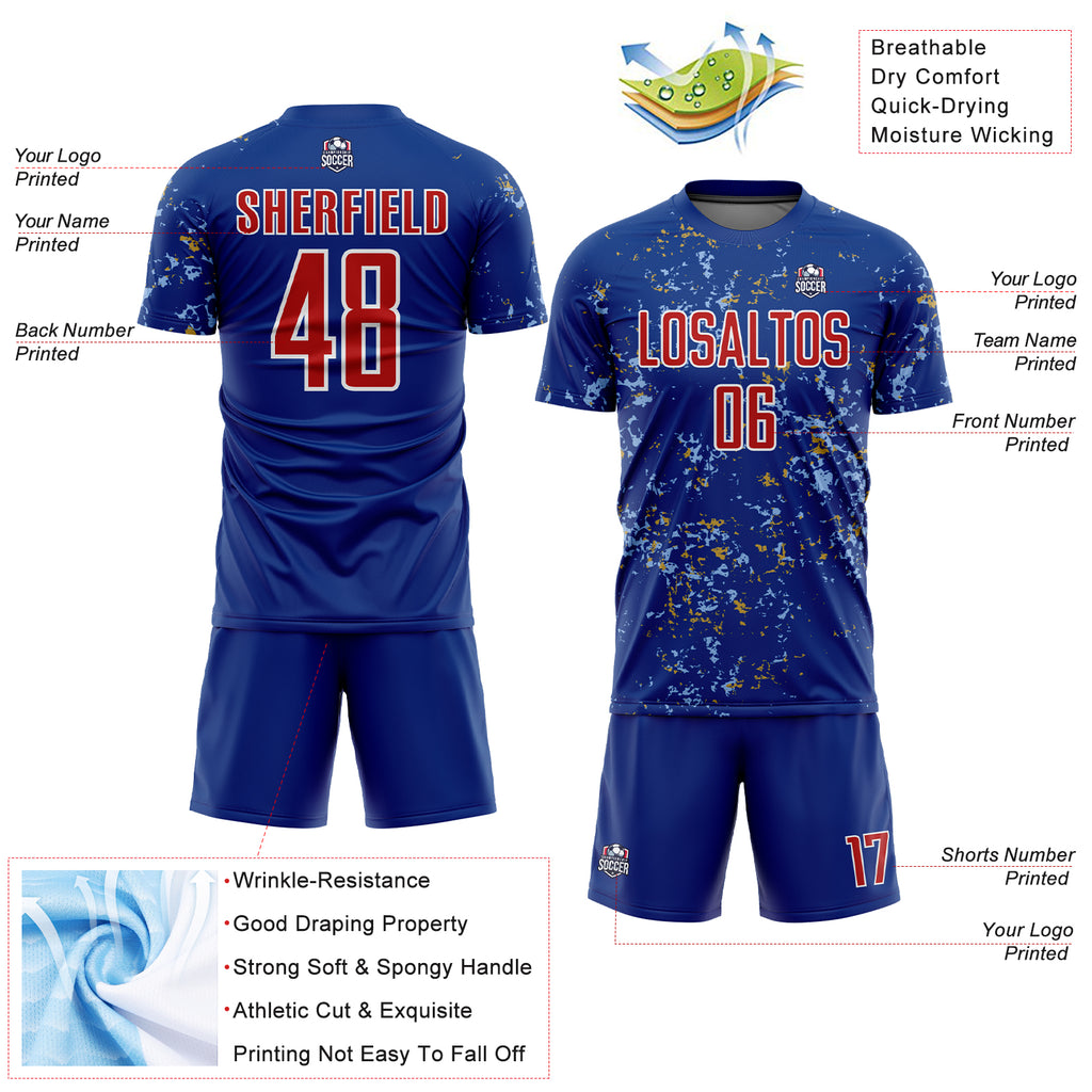 Custom Royal Red Old Gold-Light Blue Abstract Fragment Art Sublimation Soccer Uniform Jersey