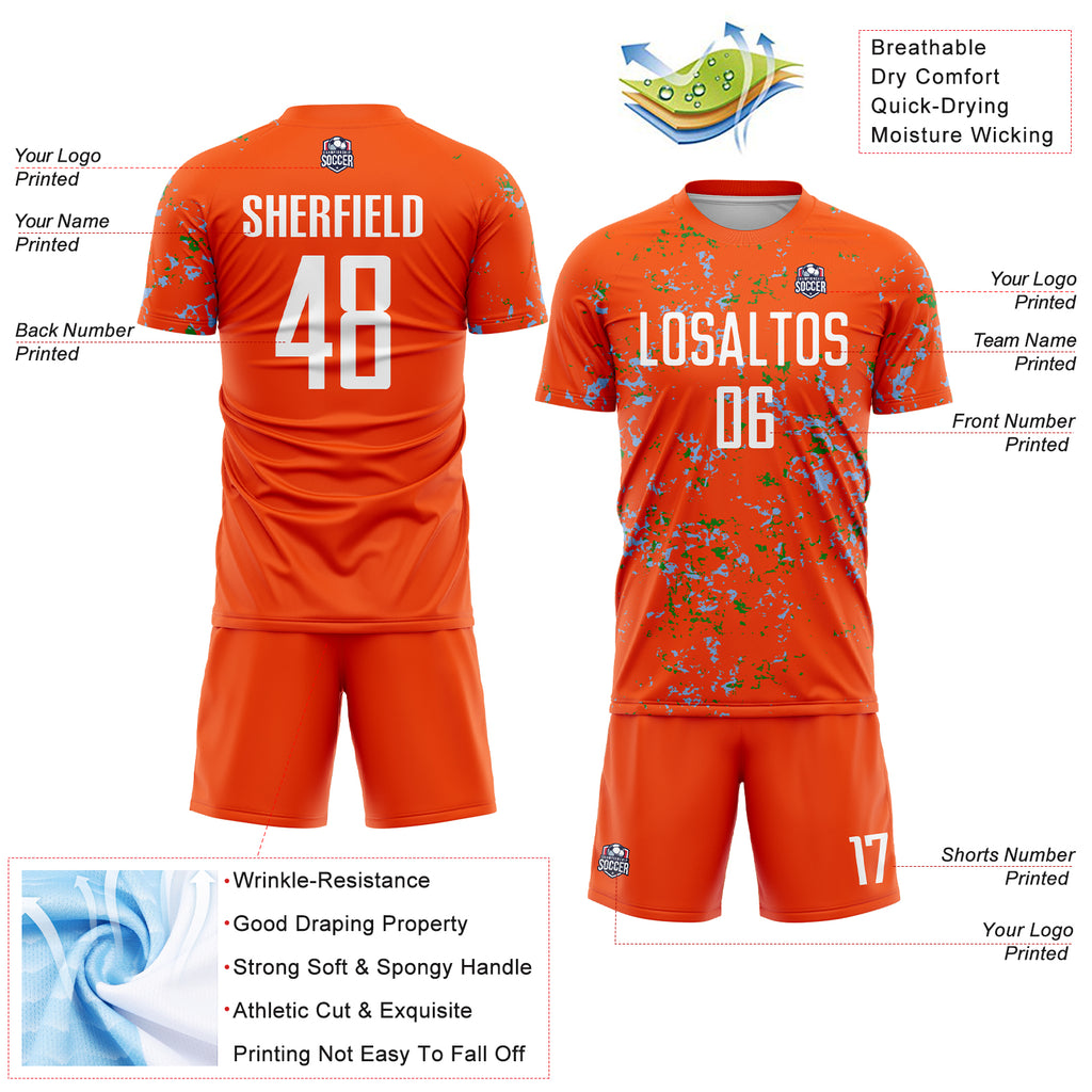 Custom Orange Light Blue-Grass Green Abstract Fragment Art Sublimation Soccer Uniform Jersey