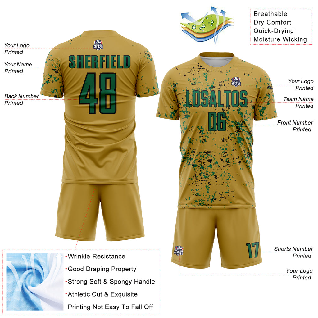 Custom Old Gold Kelly Green-Black Abstract Fragment Art Sublimation Soccer Uniform Jersey