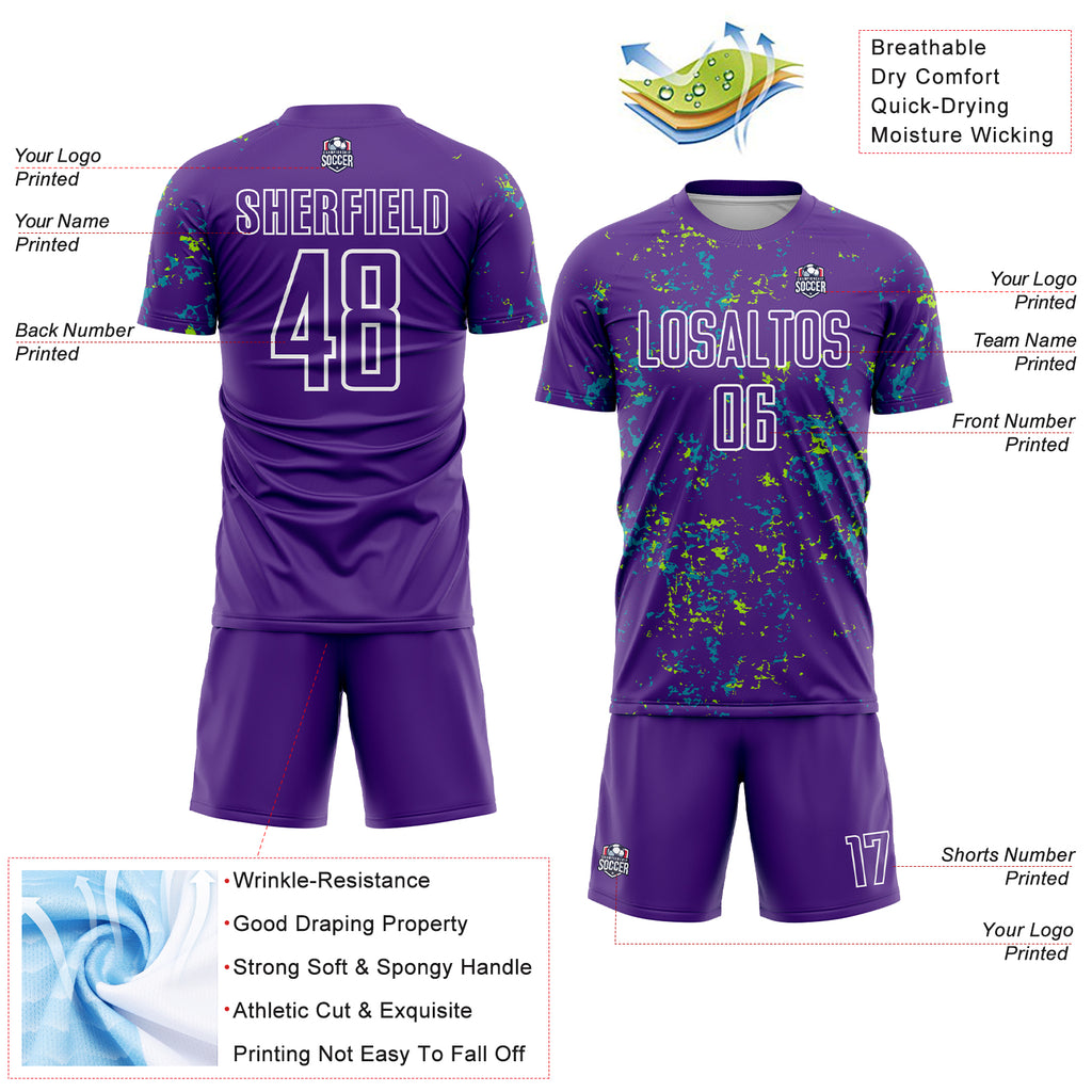 Custom Purple Neon Green-Teal Abstract Fragment Art Sublimation Soccer Uniform Jersey